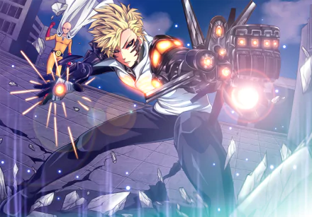 Genos and Saitama from One-Punch Man feature prominently in this HD desktop wallpaper, showcasing their dynamic styles in a vibrant, action-packed anime scene.
