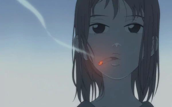 HD PC desktop wallpaper featuring an anime-style close-up of a FLCL character with a cigarette glowing in the dim light.