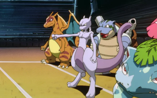 A dynamic HD wallpaper featuring Mewtwo, Venusaur, Blastoise, and Charizard from Pokémon: The First Movie, showcasing iconic anime Pokémon in an action-packed scene.