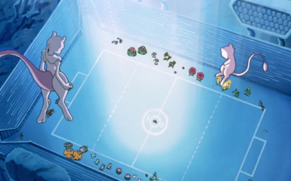 HD anime desktop wallpaper featuring Mew and Mewtwo from Pokémon: The First Movie overlooking a Pokémon battle arena.