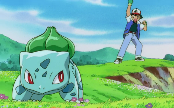 HD desktop wallpaper featuring Ash Ketchum and Bulbasaur from Pokémon: The First Movie in a vibrant anime scene.