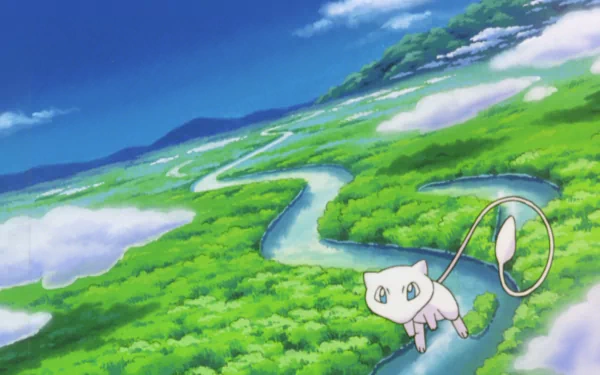 Mew from Pokémon: The First Movie drifts above a winding river and vibrant green landscape under a bright blue sky — HD anime PC desktop wallpaper.