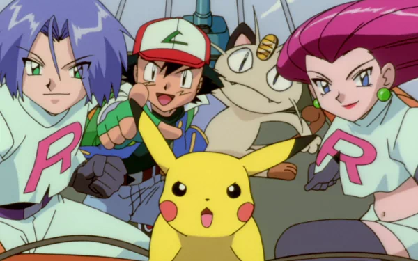 A colorful HD wallpaper featuring Ash Ketchum with Pikachu, along with Team Rocket's Jessie, James, and Meowth, from the anime Pokémon: The Movie 2000.