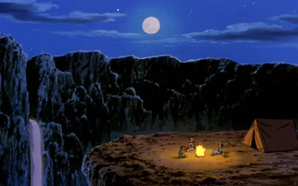Night scene from Pokémon: The Movie 2000 showing Ash, Pikachu, Brock, and Misty camping by a cliff under a full moon with a tent nearby, rendered in HD anime style.