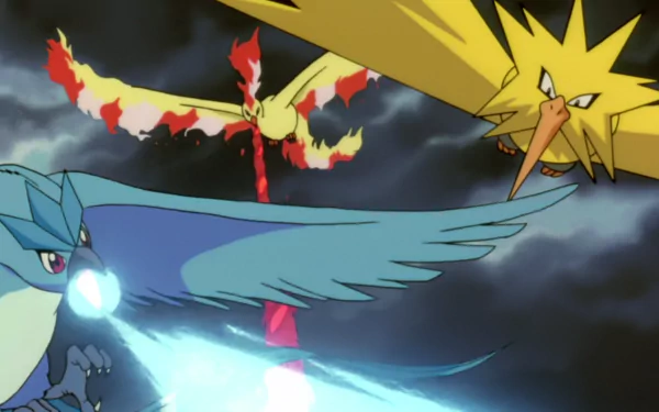 HD wallpaper featuring Articuno, Zapdos, and Moltres from Pokémon: The Movie 2000, displaying their powers in an intense anime battle scene.