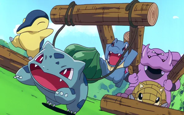 HD PC desktop wallpaper featuring anime-style Pokémon including Totodile, Bulbasaur, Cyndaquil, Granbull, Sandshrew, and Pikachu’s Pikaboo swinging outdoors.