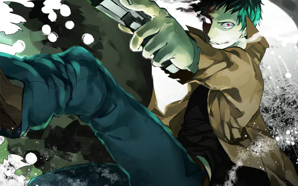 Zombieman from One-Punch Man, depicted in an intense pose with a gun, surrounded by a dynamic, chaotic background. A captivating HD anime wallpaper for fans of the series.