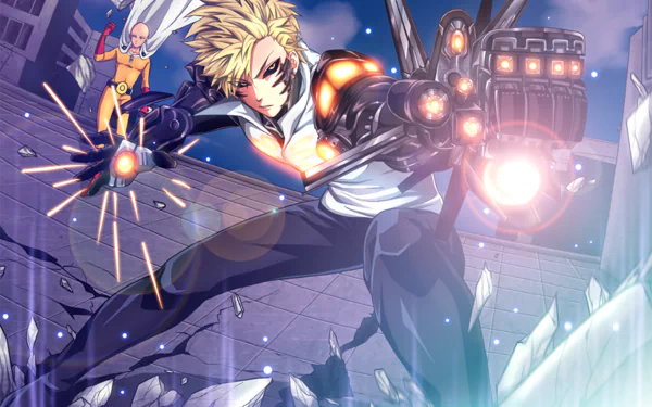 Genos and Saitama from One-Punch Man feature prominently in this HD desktop wallpaper, showcasing their dynamic styles in a vibrant, action-packed anime scene.