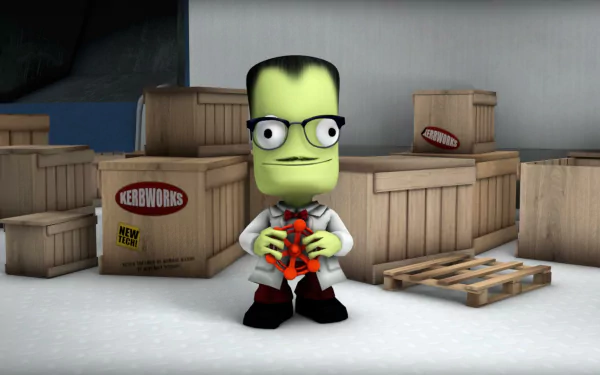 HD PC desktop wallpaper of the video game Kerbal Space Program: a green Kerbal in a lab coat holds a small orange rocket, standing among wooden crates and pallets in a storage area.