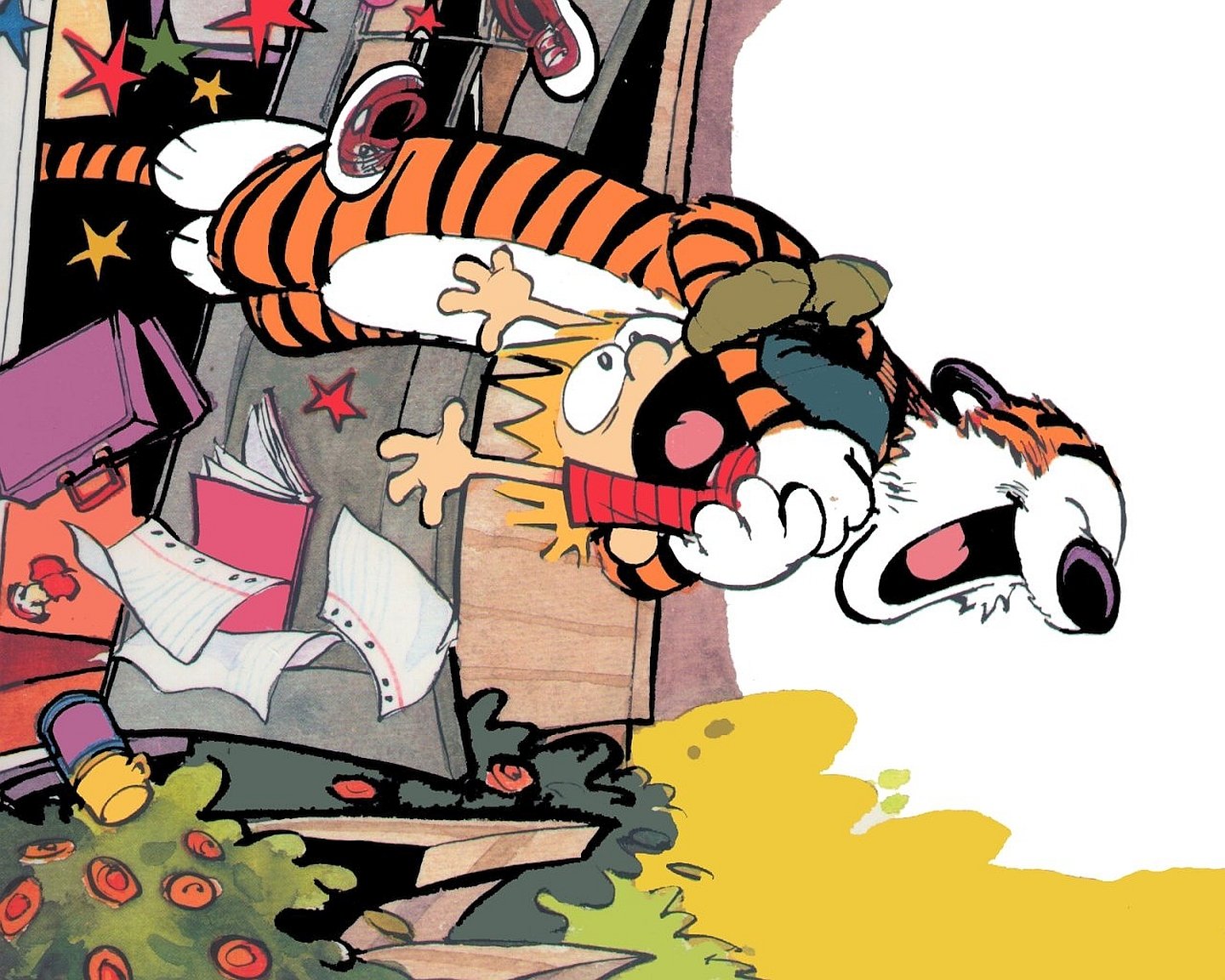 Calvin and Hobbes comic scene, with Hobbes playfully tackling Calvin in a colorful, dynamic HD PC desktop wallpaper and background.