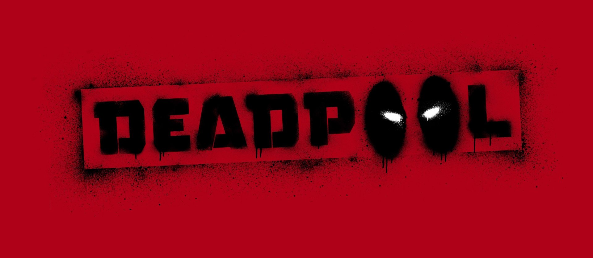 Comic Deadpool 8K Ultra HD PC desktop wallpaper and background: red backdrop with stenciled DEADPOOL text and two black ovals with glowing white eyes forming the OO.