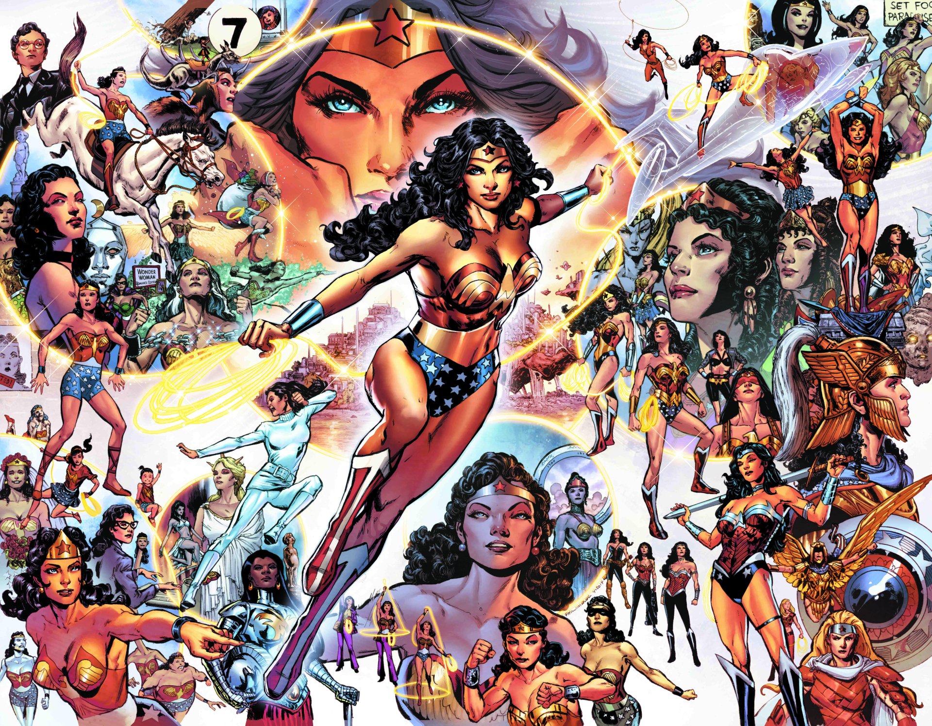 Vibrant 4K Ultra HD comic wallpaper featuring multiple dynamic poses of Wonder Woman in action, surrounded by other characters and iconic scenes from her story.