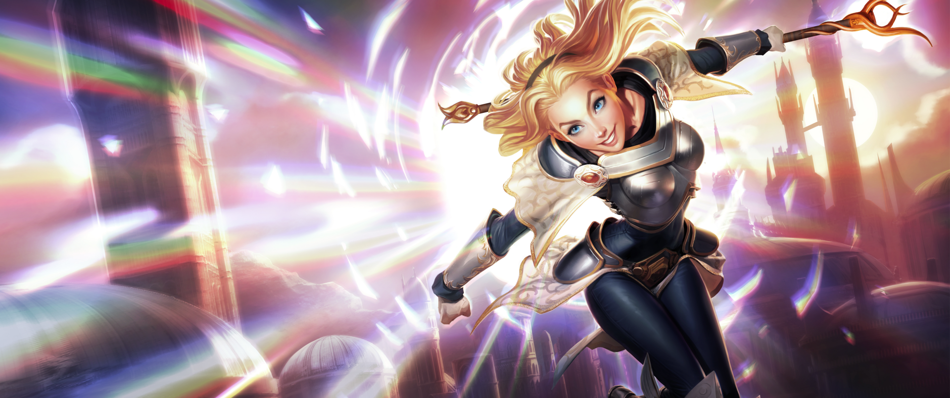 HD desktop wallpaper featuring Lux from the video game League of Legends, depicted casting a radiant spell with dynamic light effects.