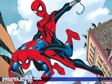 HD comic-style desktop wallpaper featuring Spider-Man and Spider-Girl swinging through a cityscape, tagged The Amazing Spider-Girl.