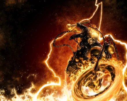 HD desktop wallpaper of Ghost Rider, featuring a fiery, intense image of the comic character on a flaming motorcycle, surrounded by chains and bright light.