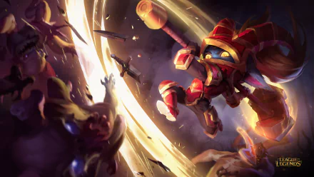 HD PC desktop wallpaper featuring Poppy from League of Legends in dynamic action, surrounded by flying weapons in a vibrant, energetic scene from the video game.