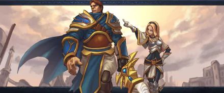Garen and Lux (League of Legends) in heroic pose: Garen in blue armor with giant sword, Lux casting light magic — 2K Quad HD PC desktop wallpaper, video game background.
