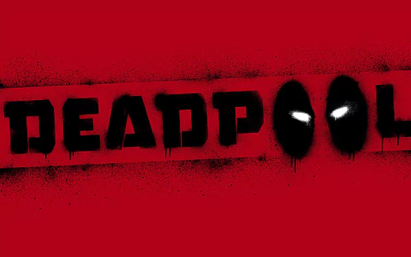 Comic Deadpool 8K Ultra HD PC desktop wallpaper and background: red backdrop with stenciled DEADPOOL text and two black ovals with glowing white eyes forming the OO.