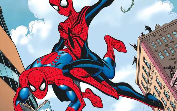 HD comic-style desktop wallpaper featuring Spider-Man and Spider-Girl swinging through a cityscape, tagged The Amazing Spider-Girl.