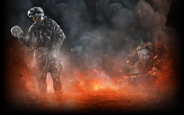 HD PC desktop wallpaper from the video game Warface, showing armed soldiers in combat gear emerging from fiery smoke on a dark battlefield.
