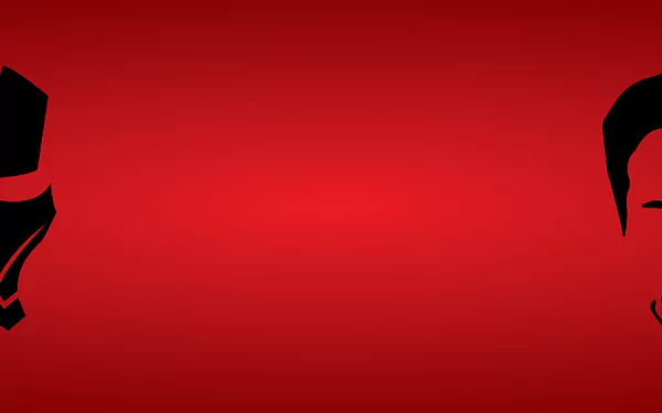 Minimalist comic-style Iron Man 8K Ultra HD PC desktop background: red gradient with black silhouetted helmet halves at left and right.