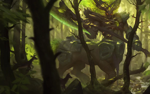 A high-definition desktop wallpaper featuring Hecarim from League of Legends, portrayed in a mystical forest scene with dynamic lighting and a powerful stance.