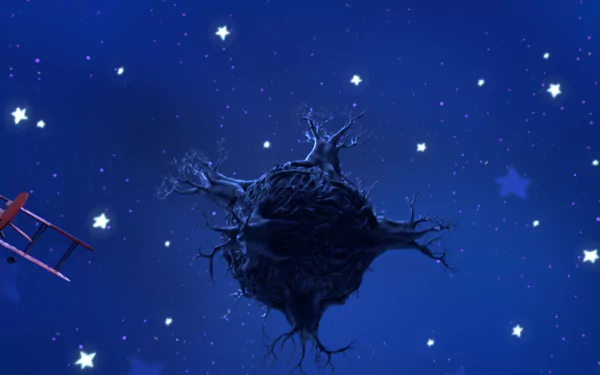HD PC desktop wallpaper from the movie The Little Prince, featuring a small dark planet with bare trees against a starry night sky and a red airplane.