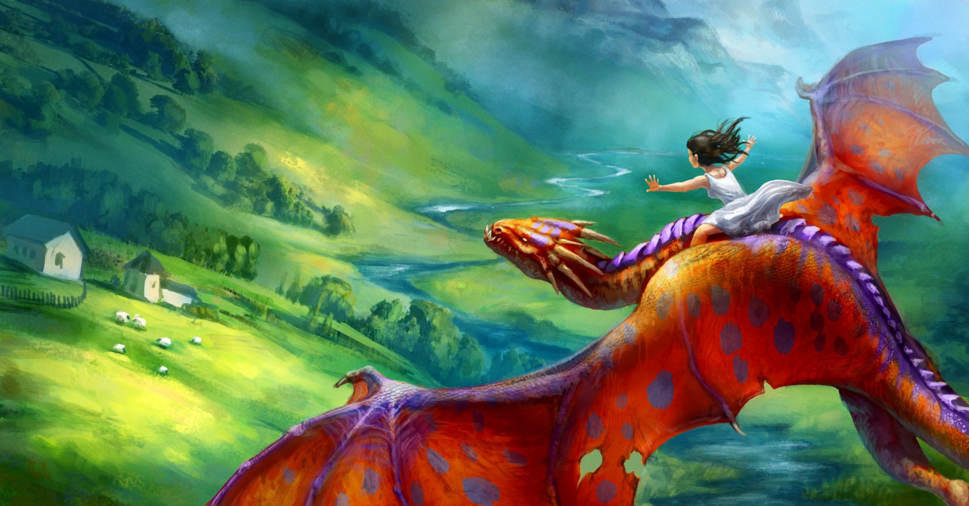 HD fantasy PC desktop wallpaper depicting a vibrant red dragon soaring over a lush green landscape with a person riding on its back.