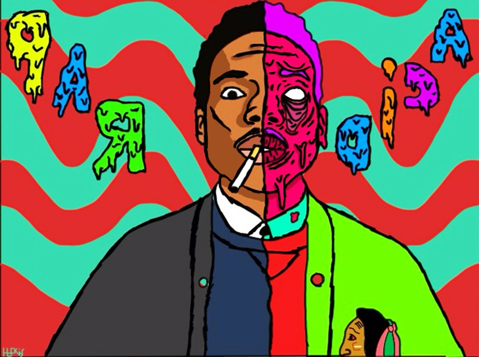 HD PC desktop wallpaper featuring a vibrant, split-face illustration of Chance The Rapper against a colorful, wavy red and teal background with dripping music notes.