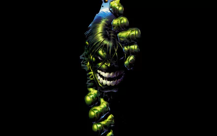 HD PC desktop wallpaper featuring a fierce comic-style Hulk ripping through a black background, showcasing his intense expression and muscular green hands.