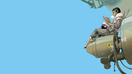 HD PC desktop wallpaper featuring a character from the comic Saga, sitting on a mechanical structure against a clear blue background.