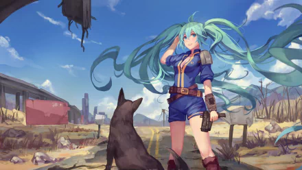 Anime-inspired HD wallpaper featuring a character with long green hair and blue eyes, set in a post-apocalyptic Fallout landscape alongside a loyal dog. A dynamic and colorful scene.