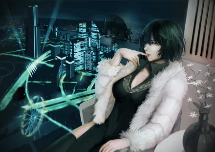 HD desktop wallpaper featuring Fubuki from One-Punch Man. Fubuki is depicted elegantly in an interior setting with a futuristic cityscape at night in the background.