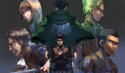 Anime-style HD wallpaper featuring characters from Attack on Titan, including Eren Yeager, Levi Ackerman, and Petra Ral, with a dramatic backdrop and intense expressions.