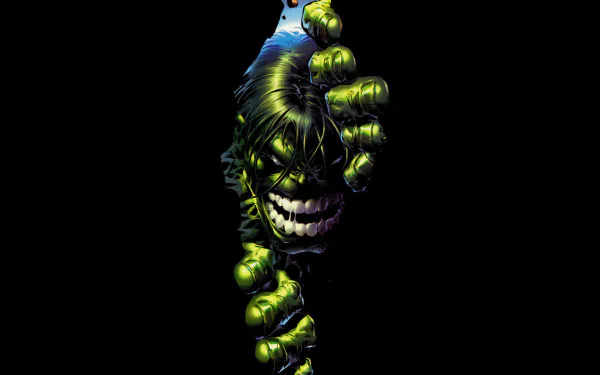 HD PC desktop wallpaper featuring a fierce comic-style Hulk ripping through a black background, showcasing his intense expression and muscular green hands.