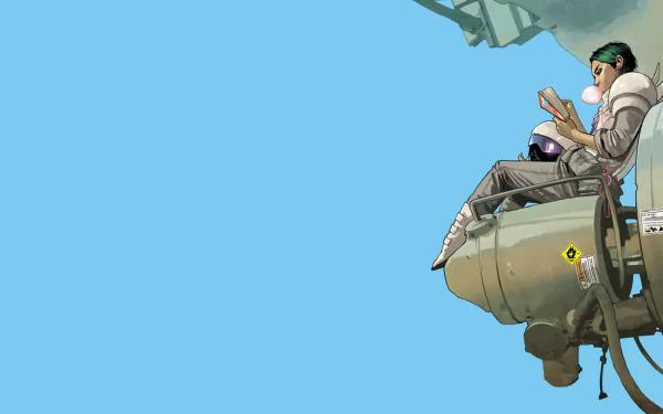 HD PC desktop wallpaper featuring a character from the comic Saga, sitting on a mechanical structure against a clear blue background.