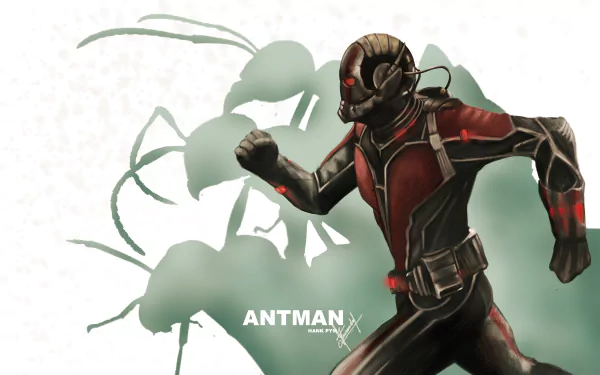 Comic-style Ant-Man in action pose with oversized ant shadows behind, designed as a 4K Ultra HD PC desktop wallpaper and background.