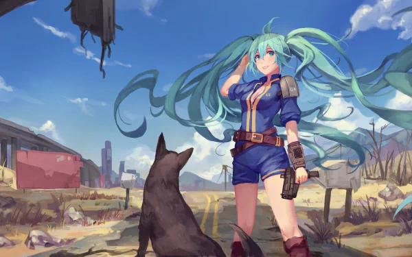 Anime-inspired HD wallpaper featuring a character with long green hair and blue eyes, set in a post-apocalyptic Fallout landscape alongside a loyal dog. A dynamic and colorful scene.