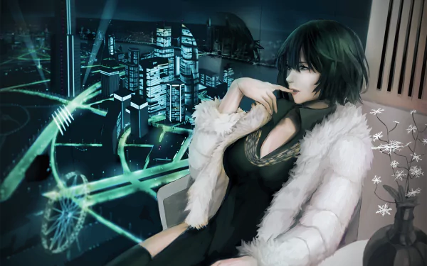 HD desktop wallpaper featuring Fubuki from One-Punch Man. Fubuki is depicted elegantly in an interior setting with a futuristic cityscape at night in the background.