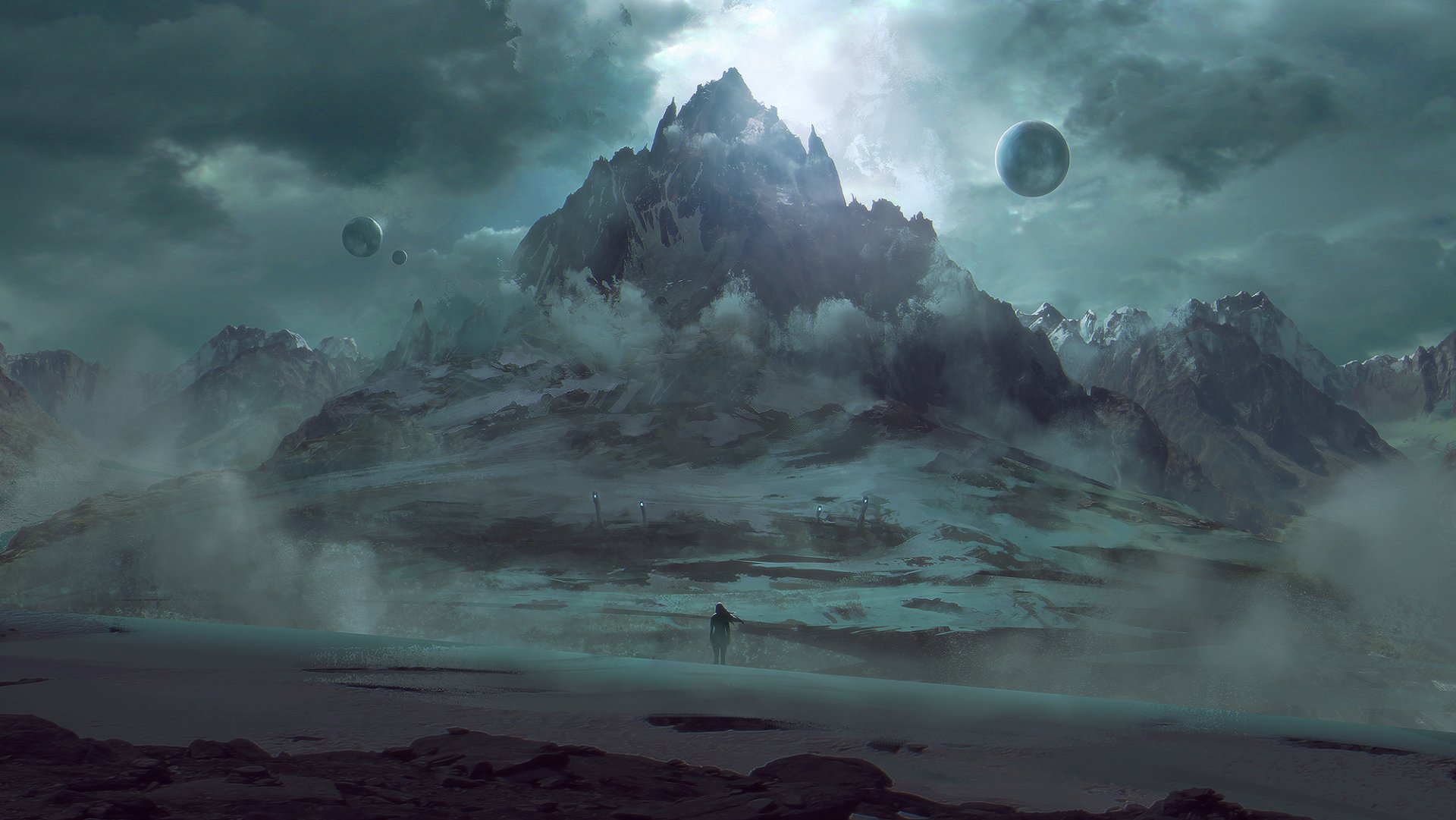 A stunning Sci-Fi landscape featuring a towering mountain shrouded in clouds, with distant planets illuminating the scene. This HD wallpaper transports viewers to an otherworldly realm.