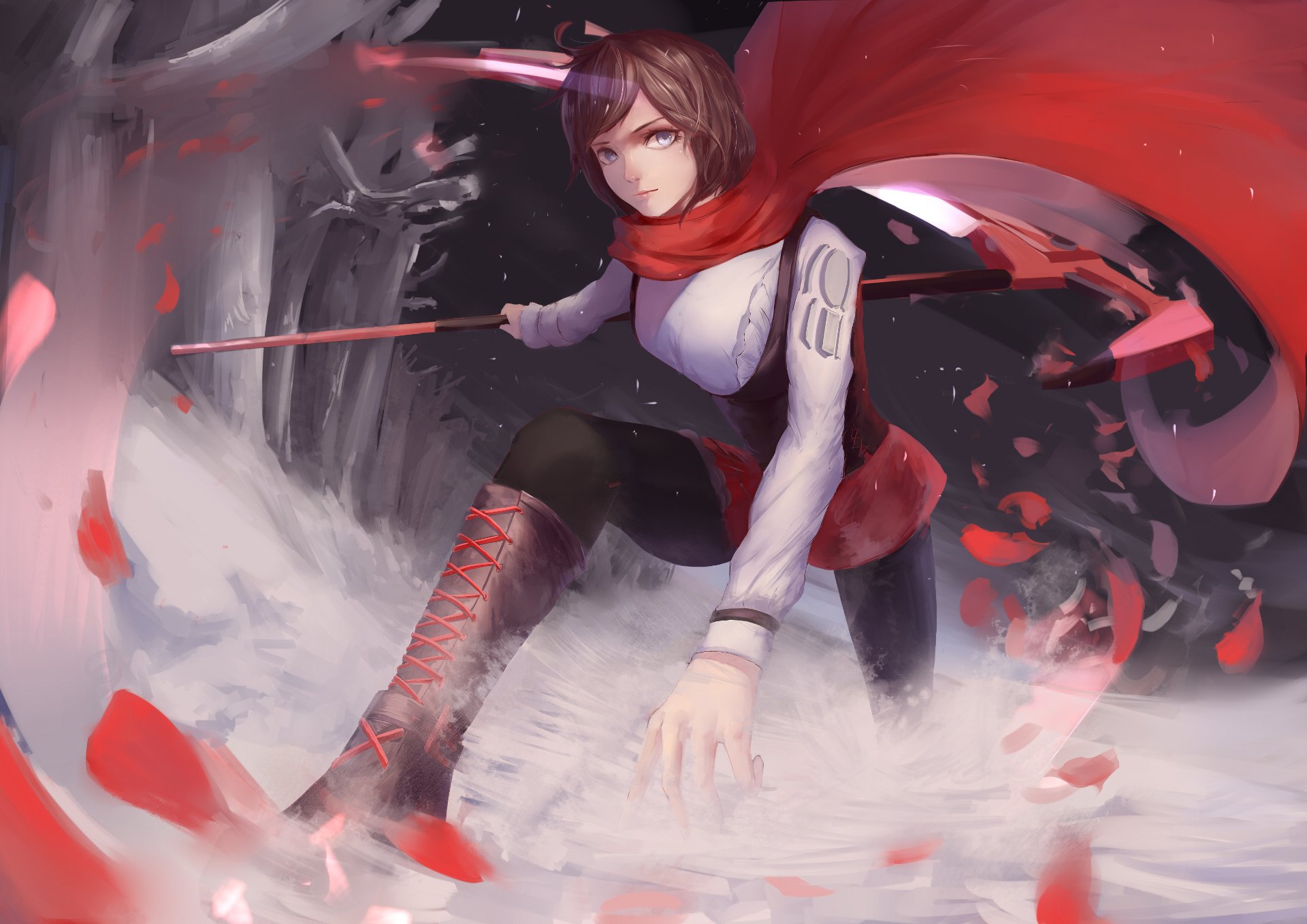 Ruby Rose in her Slayer outfit from RWBY, anime-style HD PC desktop wallpaper showing a dynamic pose with red cape, scythe motion and swirling rose petals.