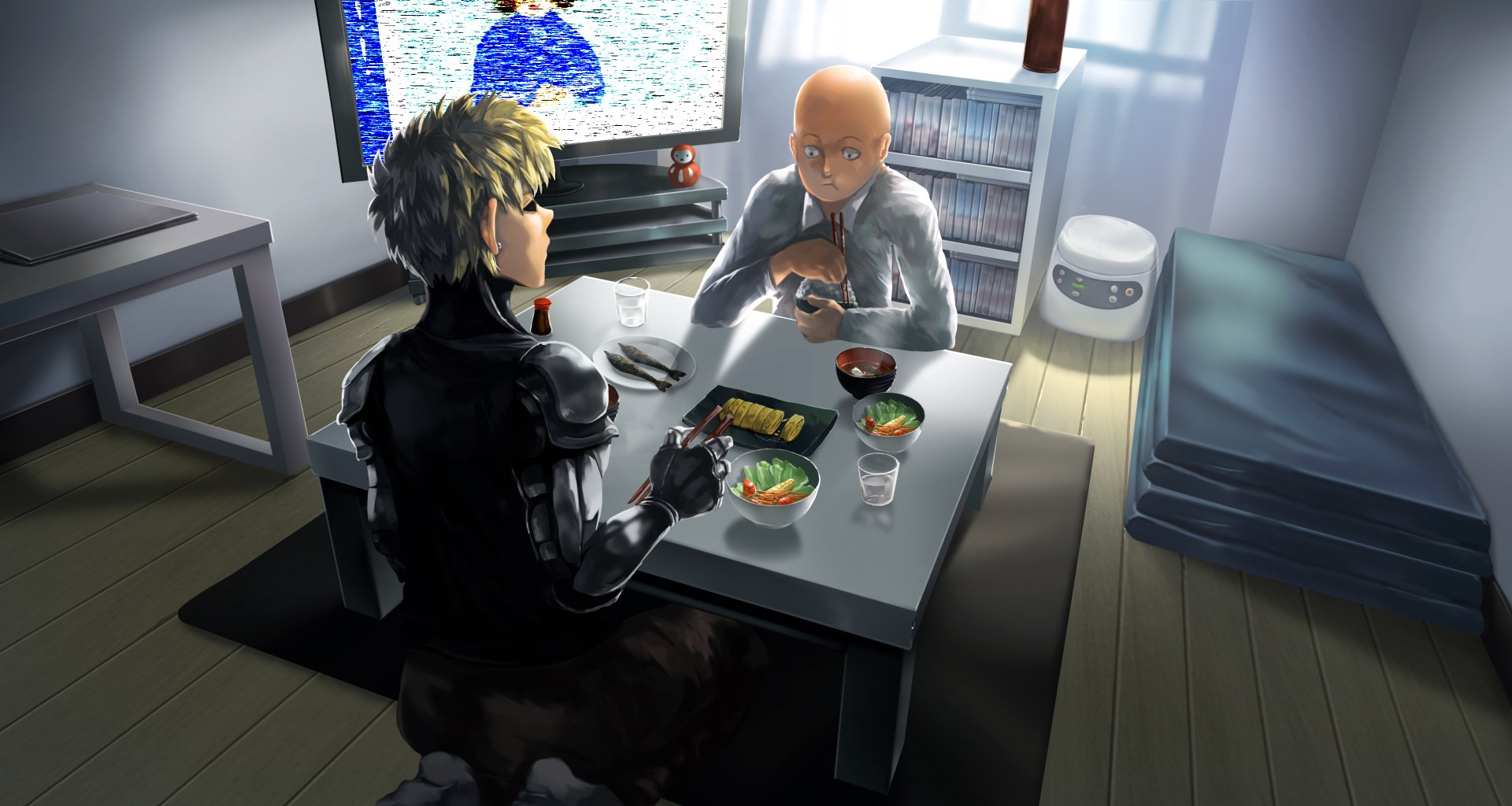 HD wallpaper featuring Genos and Saitama from One-Punch Man, sharing a meal at a table in a cozy setting, with a TV in the background. An engaging anime scene.