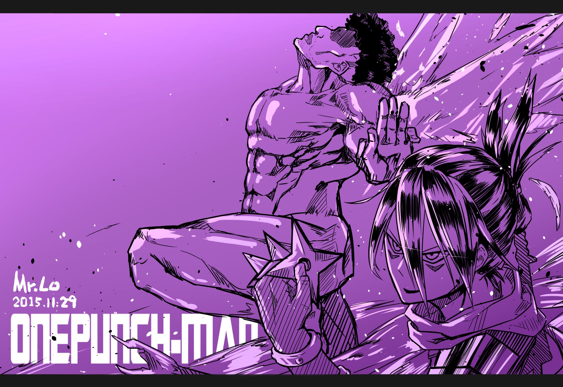 HD anime desktop wallpaper featuring Puri-Puri Prisoner and Sonic from One-Punch Man in dynamic poses against a purple-toned background.