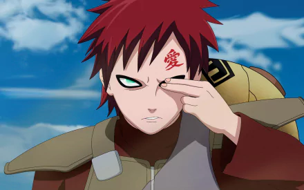 HD desktop wallpaper of Gaara, a character from the anime Naruto. Gaara, with red hair and a kanji tattoo on his forehead, is depicted in a focused pose against a sky background.
