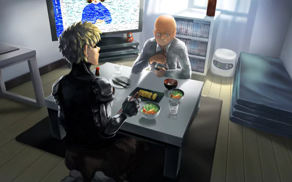 HD wallpaper featuring Genos and Saitama from One-Punch Man, sharing a meal at a table in a cozy setting, with a TV in the background. An engaging anime scene.