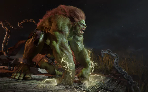 Blanka from Street Fighter is depicted in a dynamic pose, showcasing his iconic green skin and electric powers. This striking image serves as a 4K Ultra HD desktop wallpaper.
