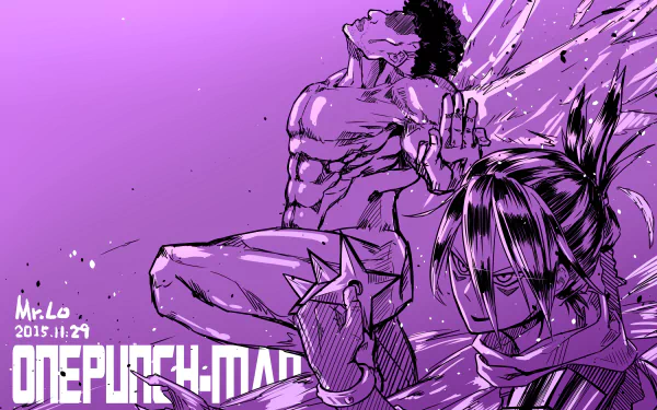 HD anime desktop wallpaper featuring Puri-Puri Prisoner and Sonic from One-Punch Man in dynamic poses against a purple-toned background.