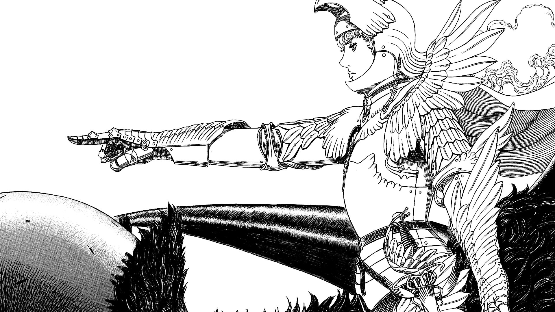 Black and white anime illustration from Berserk featuring a detailed armored character with wings pointing forward, designed as an HD PC desktop wallpaper and background.