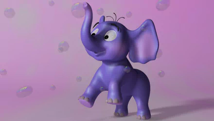 3D cartoon-style purple elephant surrounded by bubbles, rendered as artistic 3D art and designed as a HD PC desktop wallpaper and background.