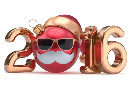 HD PC desktop wallpaper featuring a shiny red Christmas ornament with sunglasses and a white mustache inside golden numbers forming 2016 for New Year holiday.
